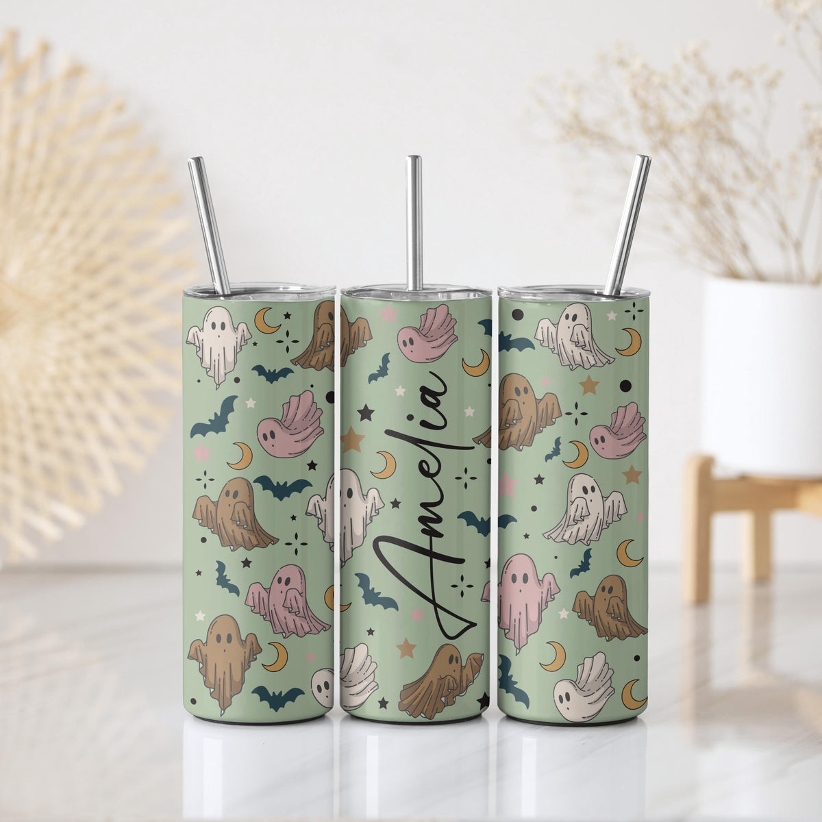 Personalized Ghost Pattern Tumbler With Straw, Happy Halloween Gifts