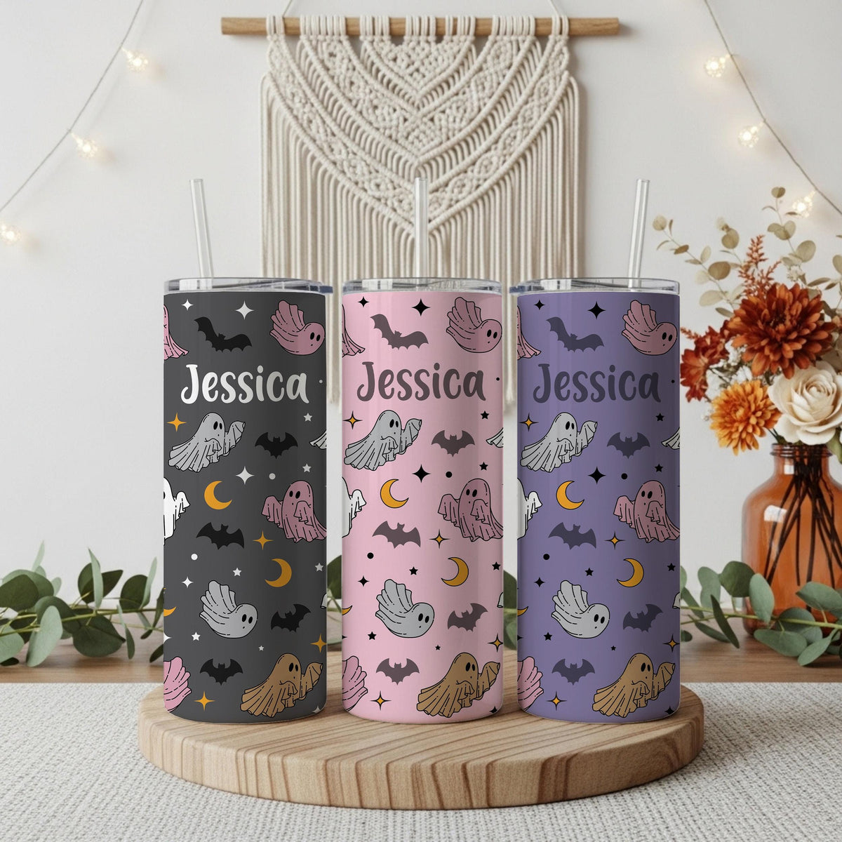 Customizable Colorful Ghost And Bats Pattern Tumbler With Straw
