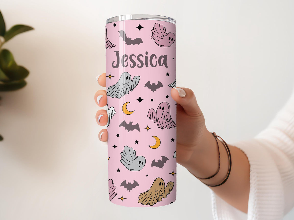 Customizable Colorful Ghost And Bats Pattern Tumbler With Straw