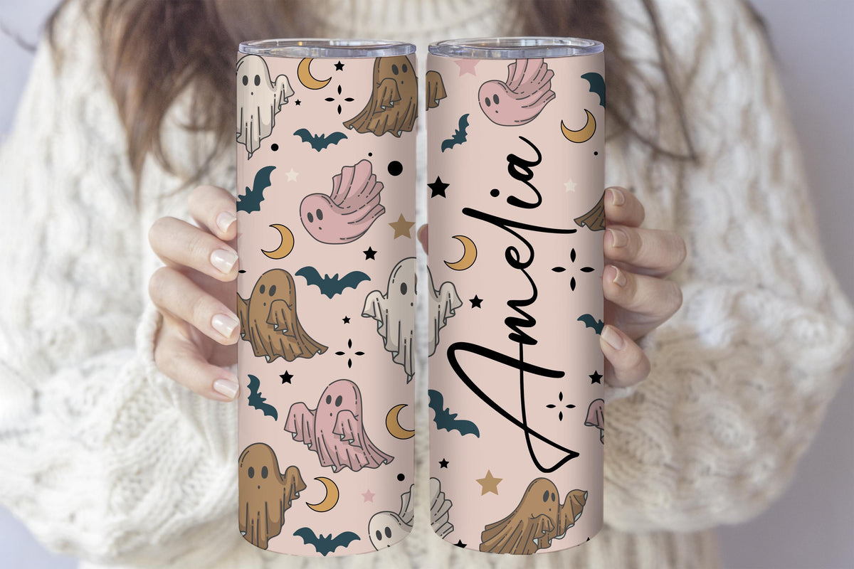 Personalized Ghost Pattern Tumbler With Straw, Happy Halloween Gifts