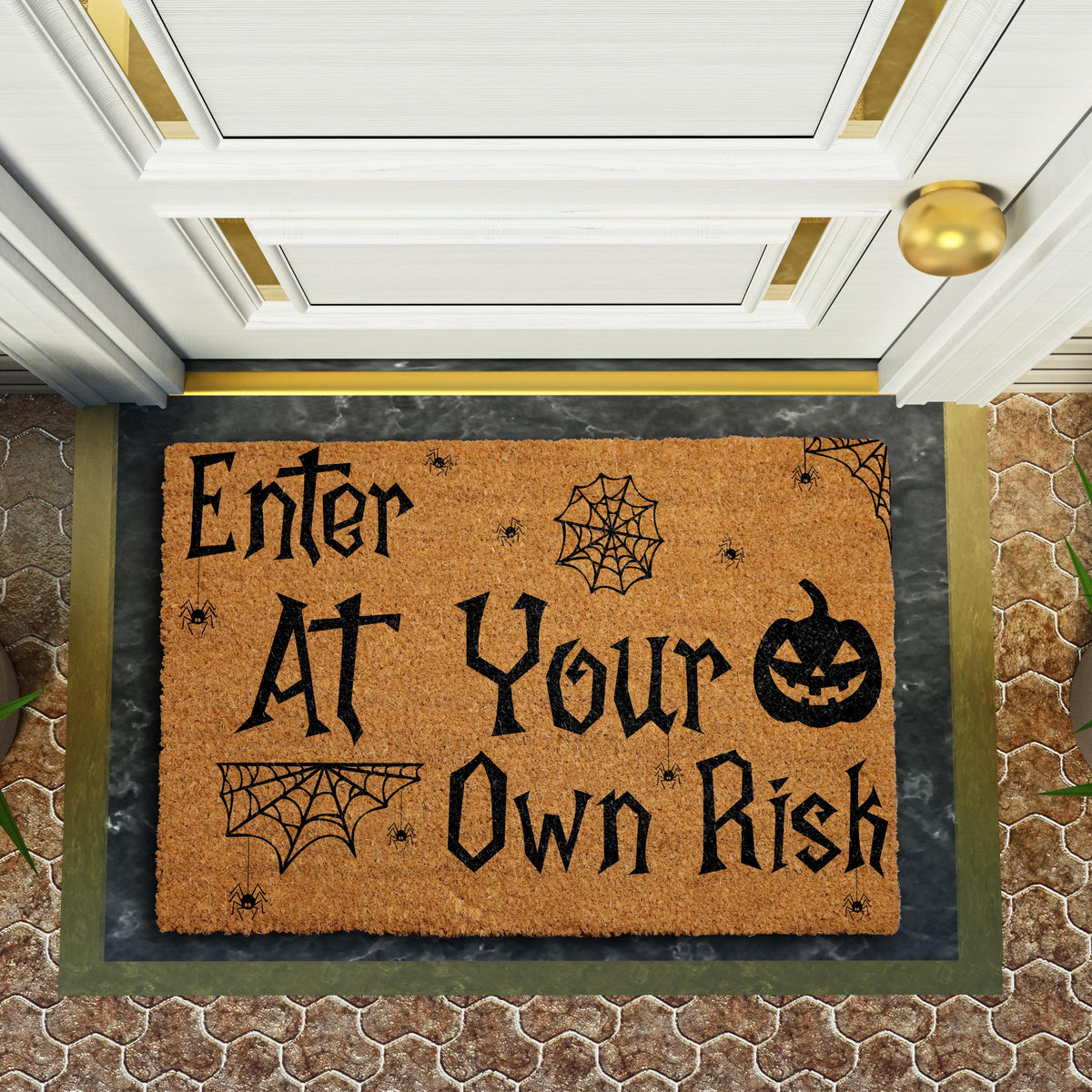 Enter At Your Own Risk Doormat, Spooky Front Porch Mat, Halloween Welcome Mat