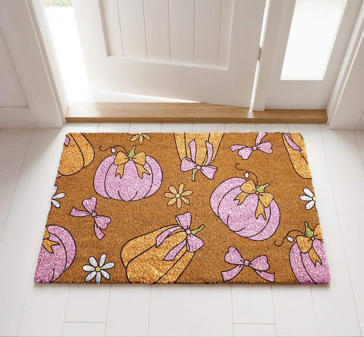 Pink and Gold Pumpkin Doormat, Thanksgiving Welcome Mat, Cute Fall Home Decor