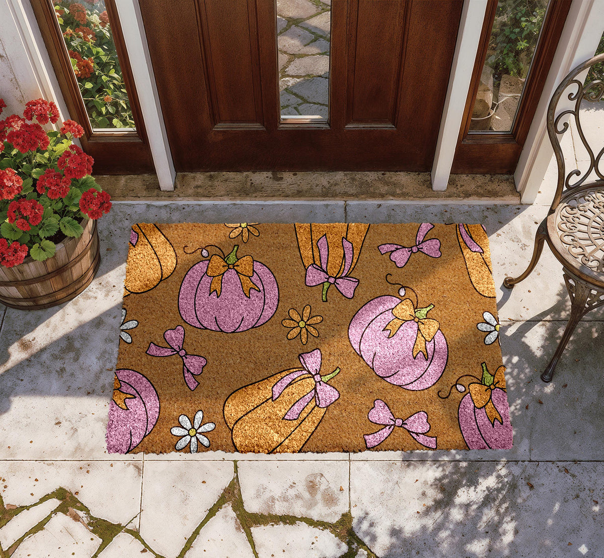 Pink and Gold Pumpkin Doormat, Thanksgiving Welcome Mat, Cute Fall Home Decor
