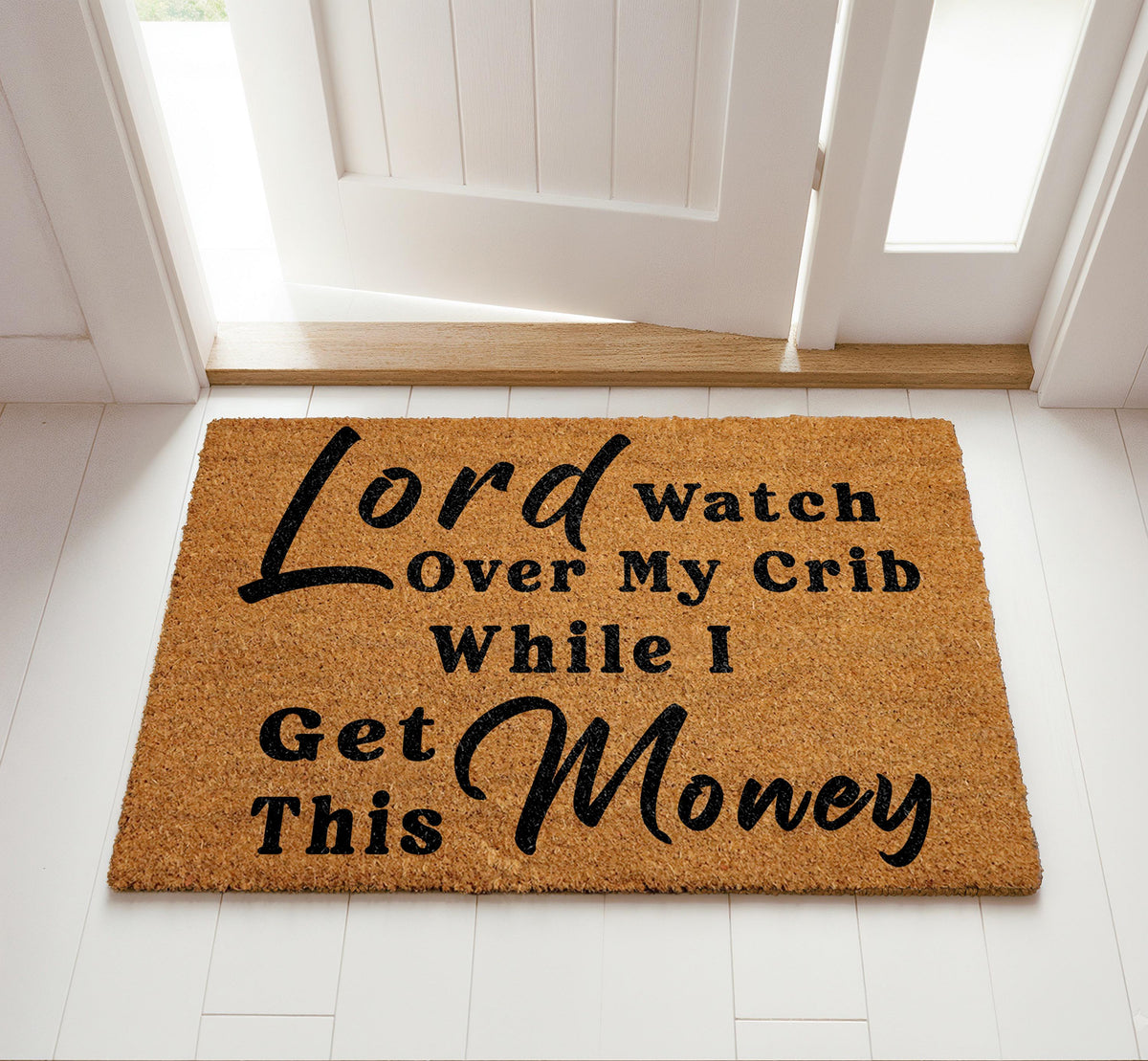 Lord Watch Over My Crib While I Get This Money Doormat, Funny Rapper Front Porch Rug