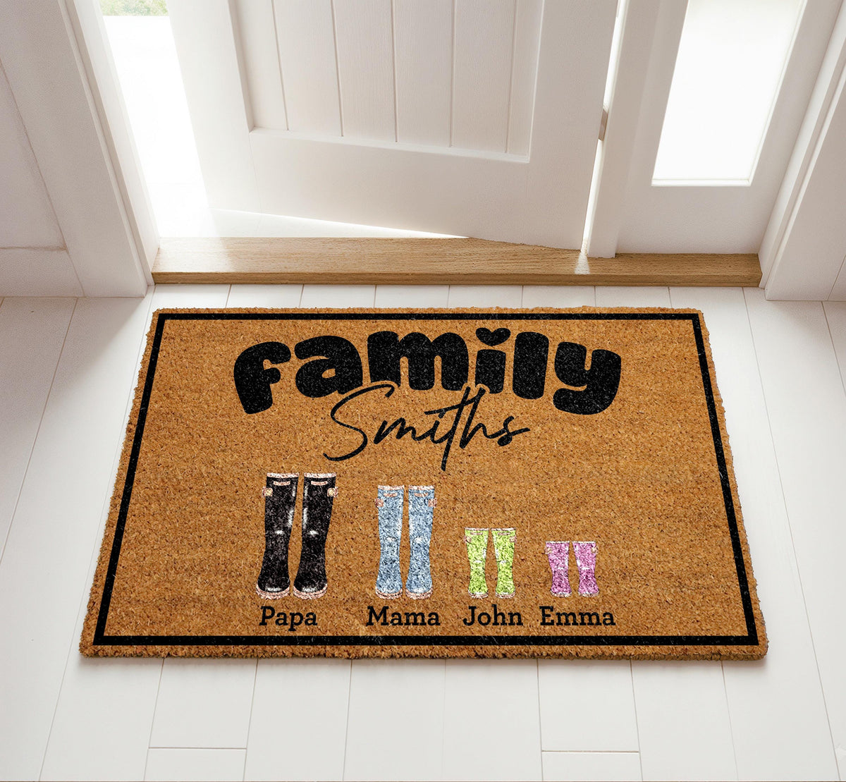 Personalized Family Members Name Doormat, Custom Rain Boots Welcome Mat