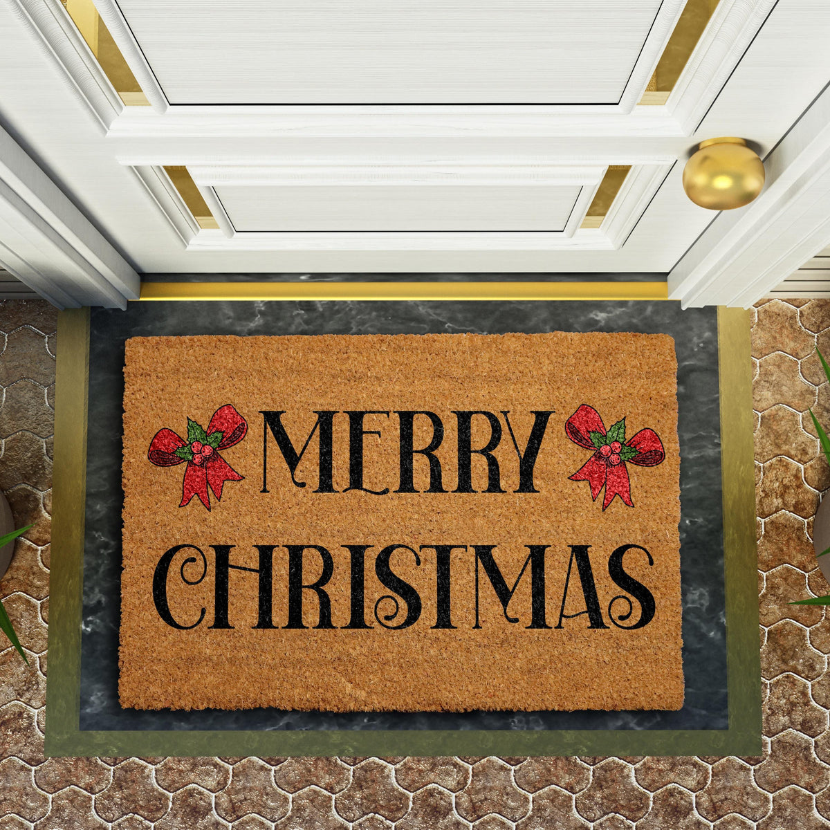 Doormat with "Merry Christmas" lettering and two red bows