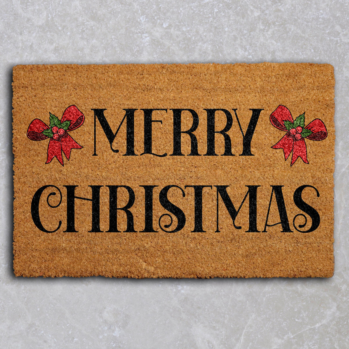 Doormat with "Merry Christmas" lettering and two red bows