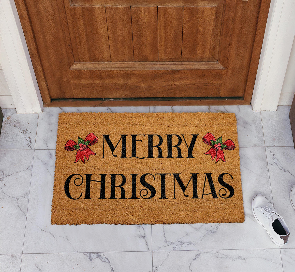 Doormat with "Merry Christmas" lettering and two red bows