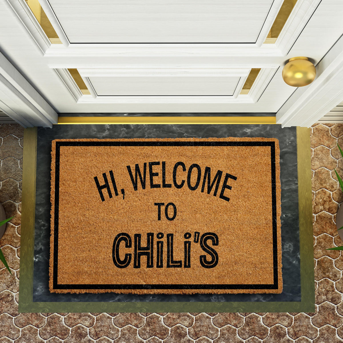 Hi Welcome to Chili's Doormat, Funny Chilis Welcome Mat, Humorous Meme Home Entrance Rug