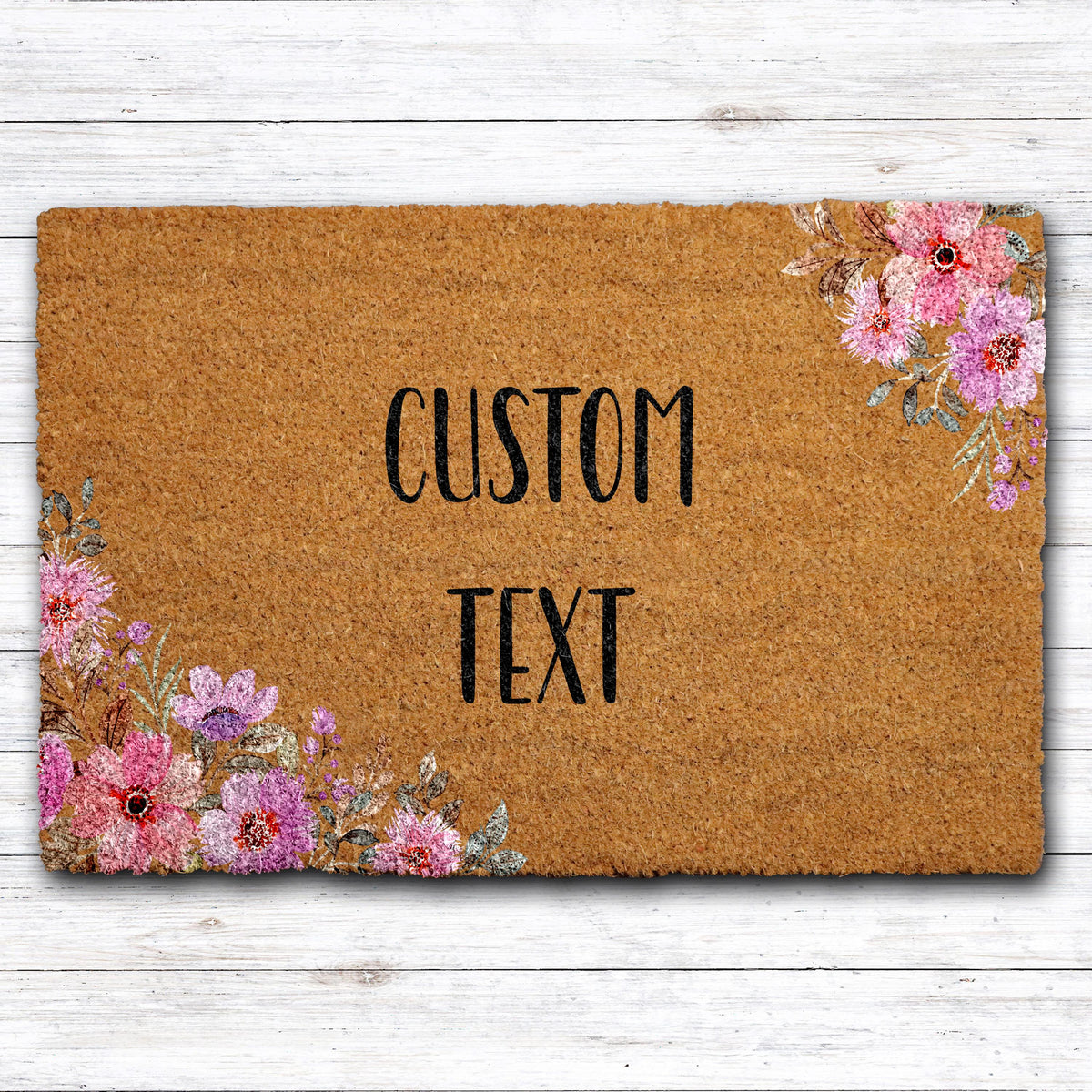 Floral Custom Text Doormat, Personalized Welcome Mat, Boho Flowers Front Porch Decor