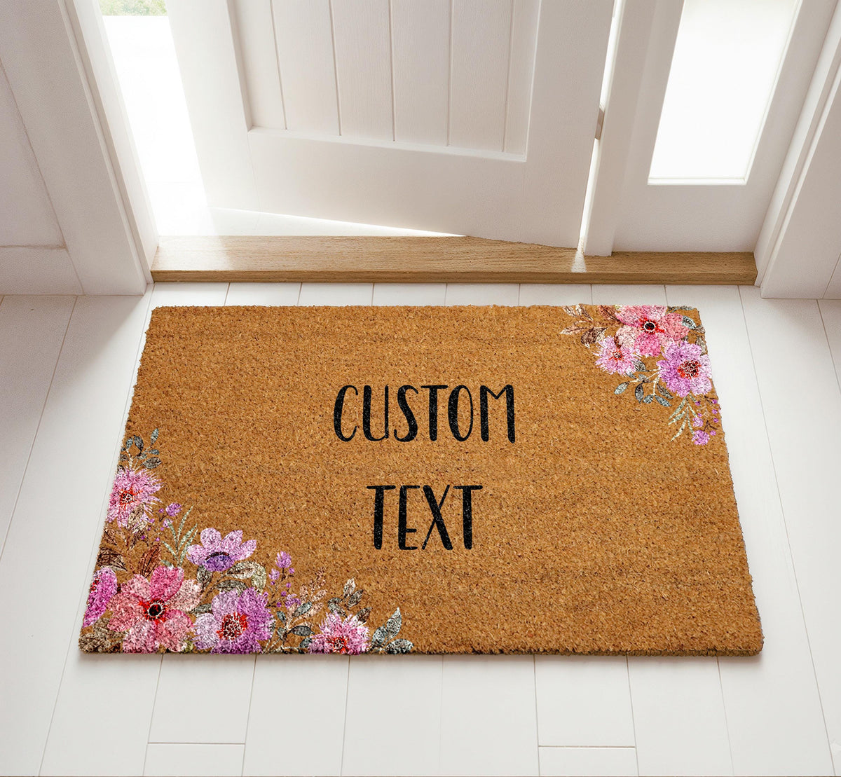 Floral Custom Text Doormat, Personalized Welcome Mat, Boho Flowers Front Porch Decor