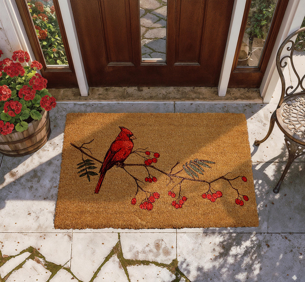 Red Cardinal Doormat, Christmas Front Porch Mat, Red Bird and Berries Branch Welcome Mat