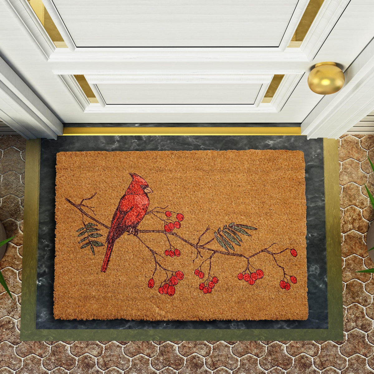Red Cardinal Doormat, Christmas Front Porch Mat, Red Bird and Berries Branch Welcome Mat