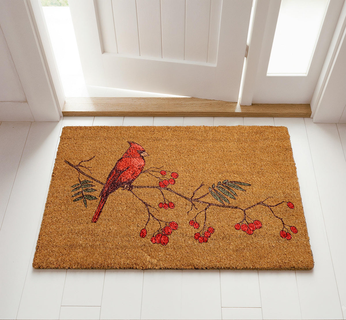 Red Cardinal Doormat, Christmas Front Porch Mat, Red Bird and Berries Branch Welcome Mat