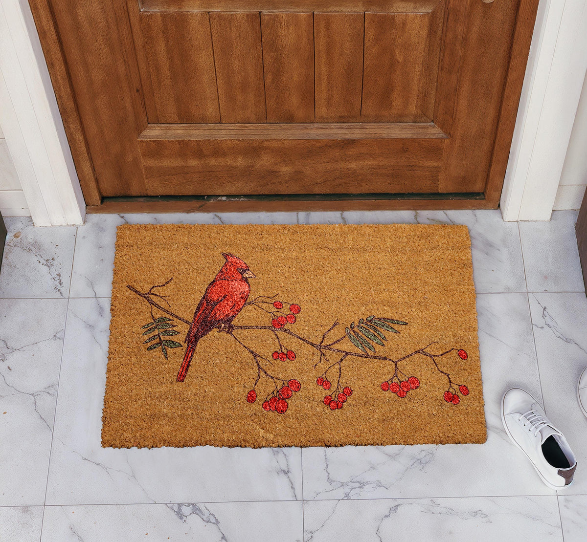 Red Cardinal Doormat, Christmas Front Porch Mat, Red Bird and Berries Branch Welcome Mat