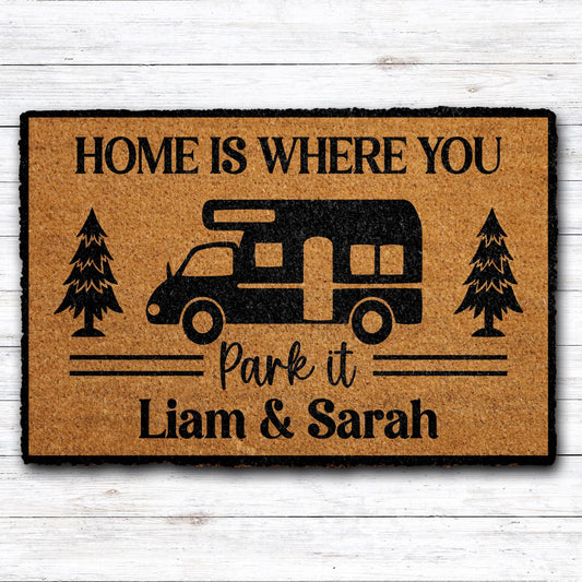 Home Is Where You Park It Doormat, Personalized Camper Door Mat, Couples Name RV Mat