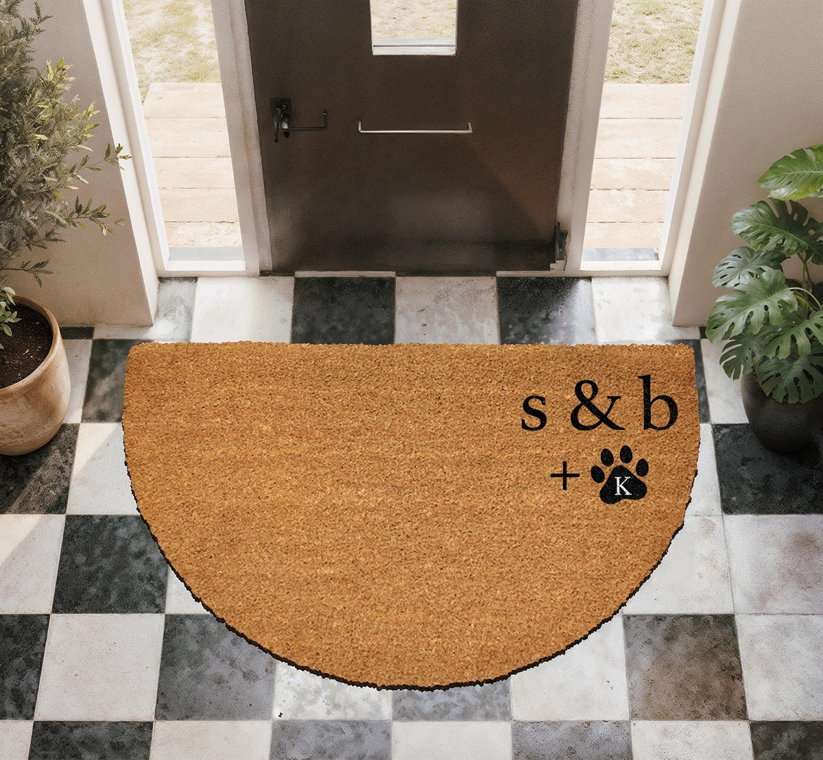 Custom Couple & Pet Doormat, Personalized Initials and Paw Prints Welcome Mat