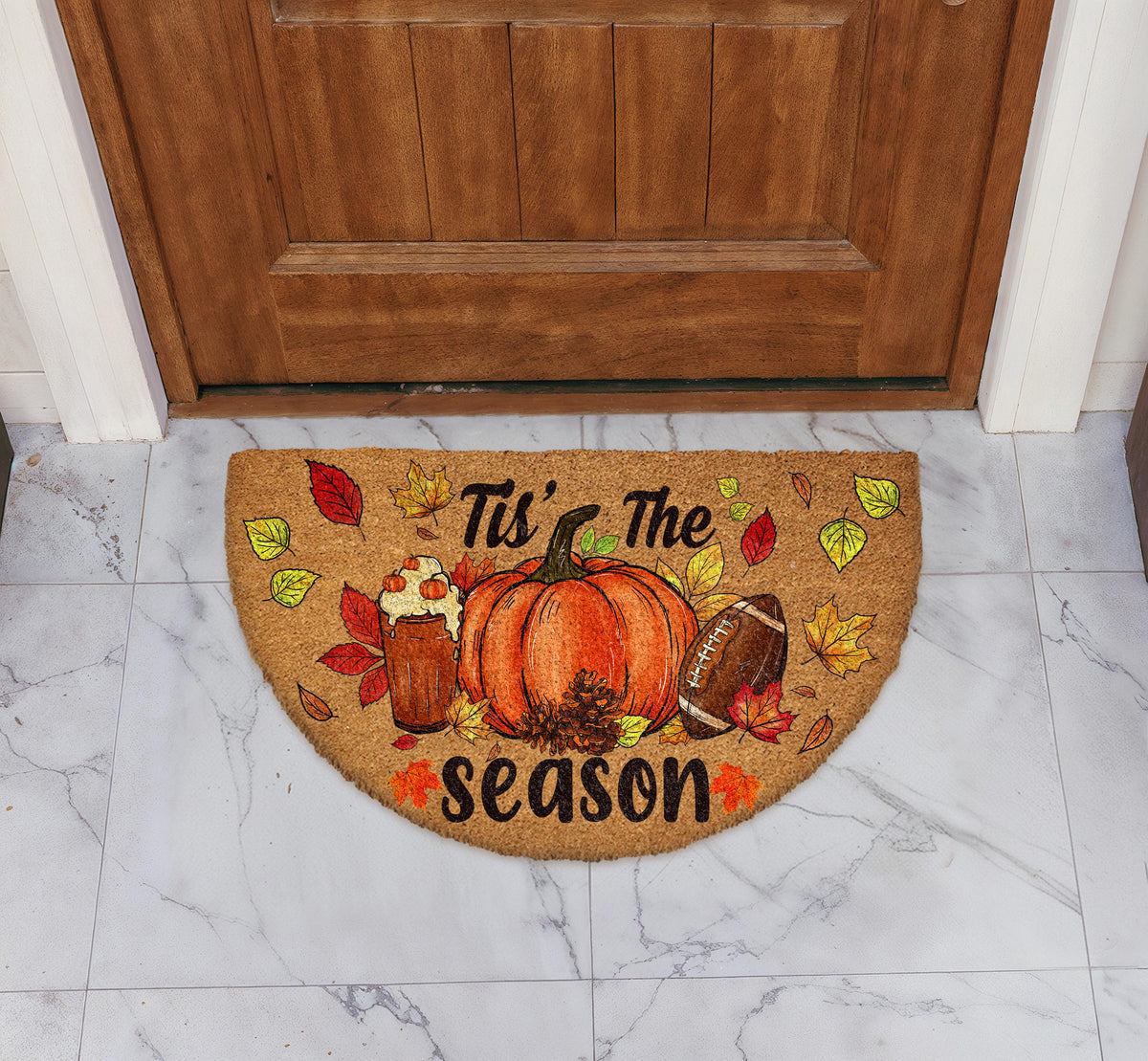 Fall Season Doormat, Pumpkin Spice Latte Football Welcome Mat, Thanksgiving Home Decor