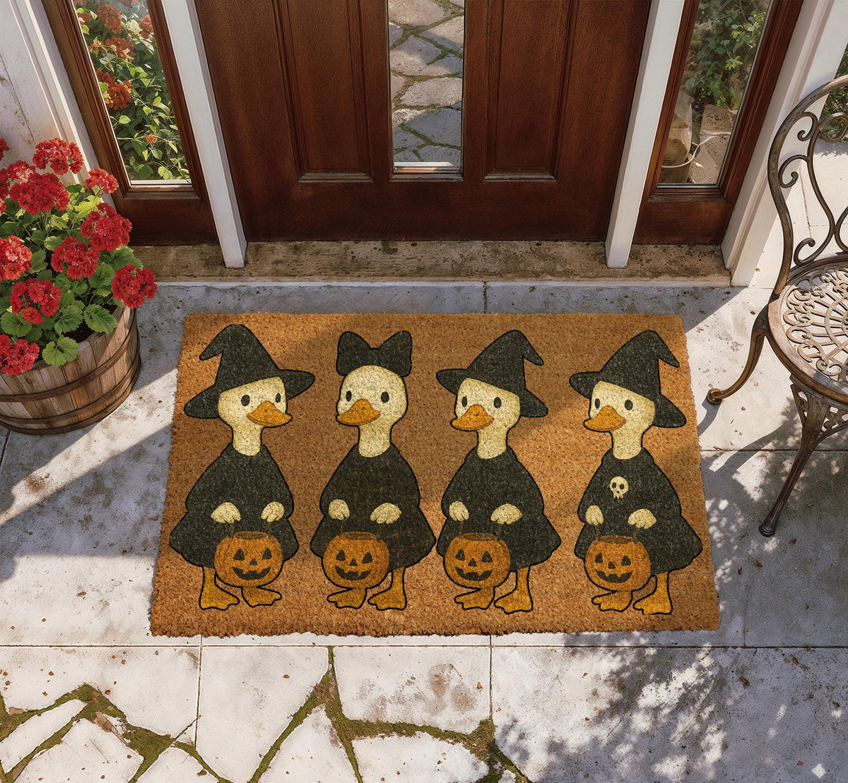 Cute Witch Ducks Halloween Doormat, Witchy Goose Welcome Mat, Trick or Treat Home Decor