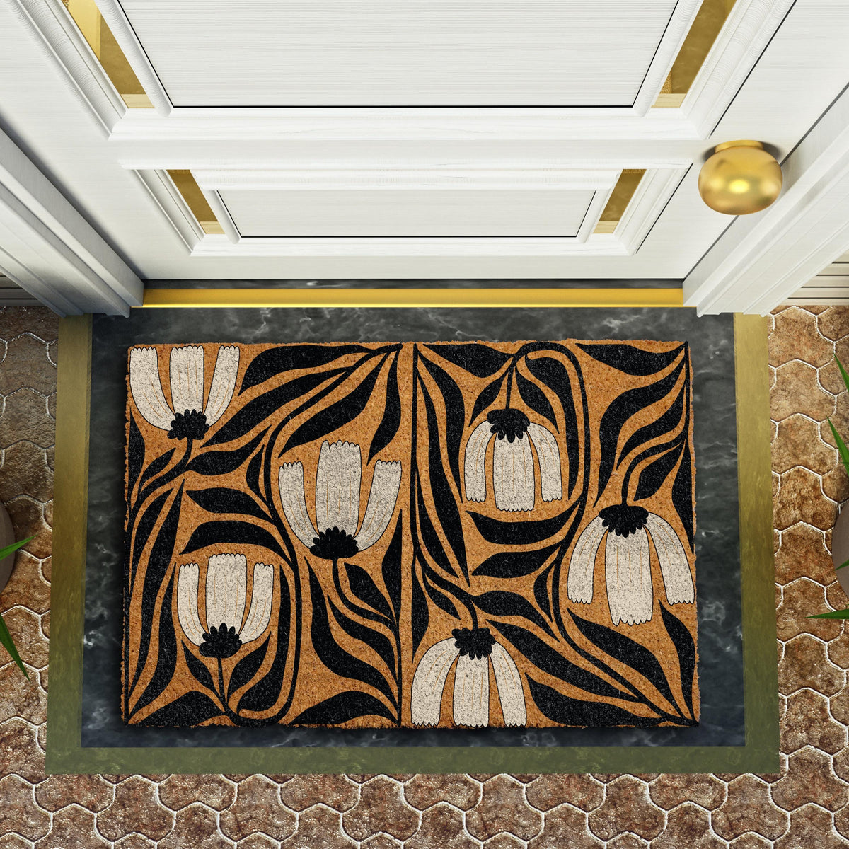 New Art Design Floral Doormat, Black and White Botanical Home Decor, Flower Garden Welcome Mat