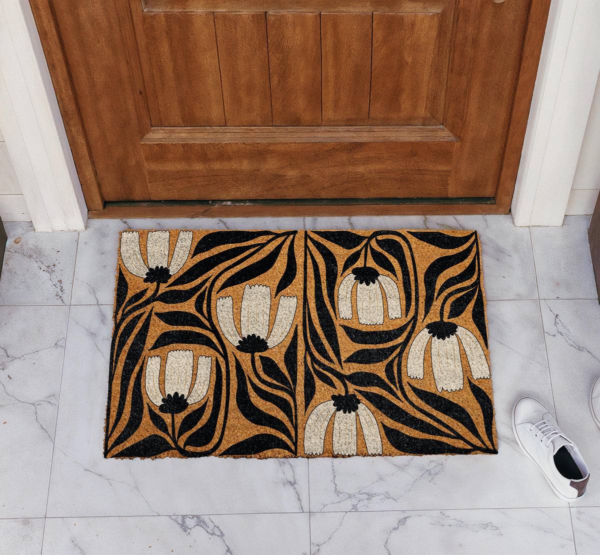New Art Design Floral Doormat, Black and White Botanical Home Decor, Flower Garden Welcome Mat