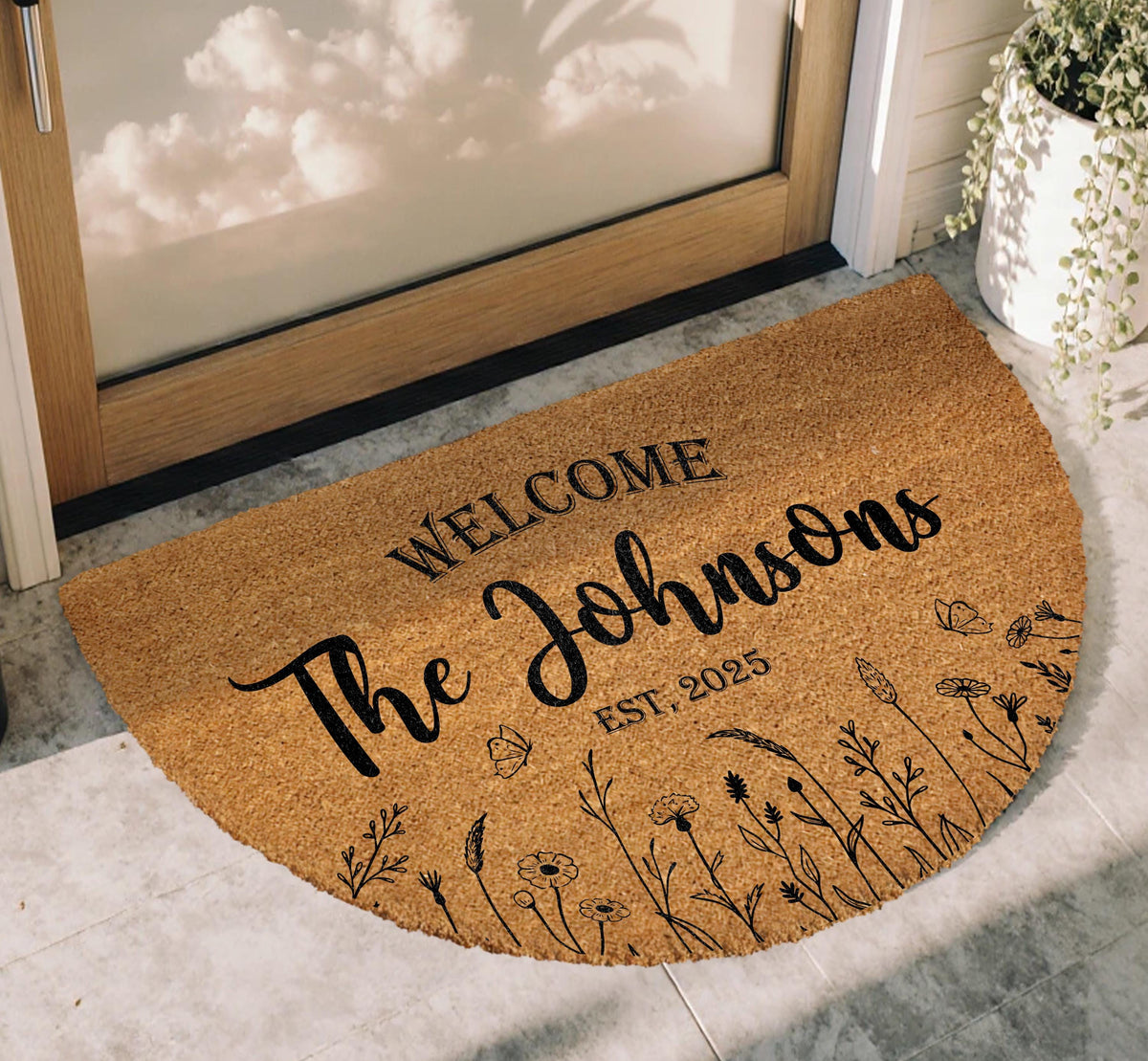 Personalized Floral Last Name Doormat, Family Name Welcome Mat