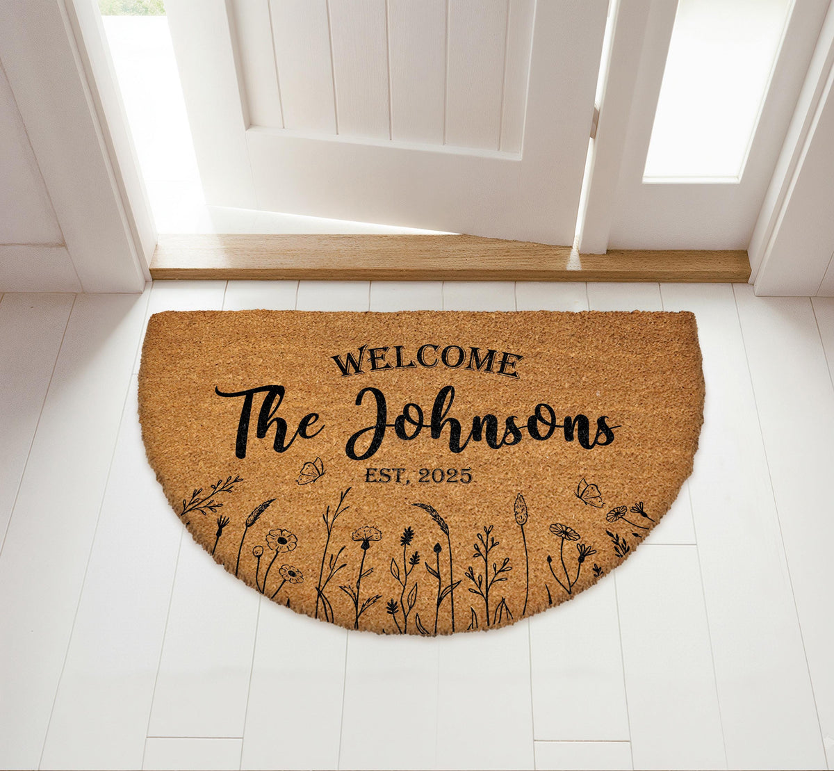 Personalized Floral Last Name Doormat, Family Name Welcome Mat
