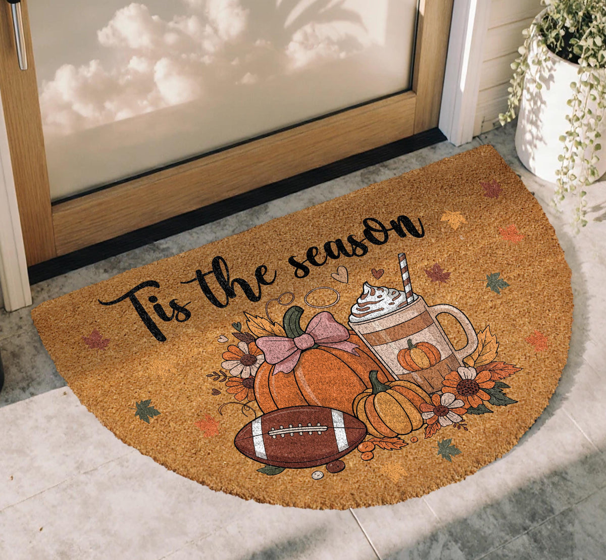 Autumn Season Doormat, Pumpkin Spice Latte & Football Welcome Mat, Thanksgiving Home Decor