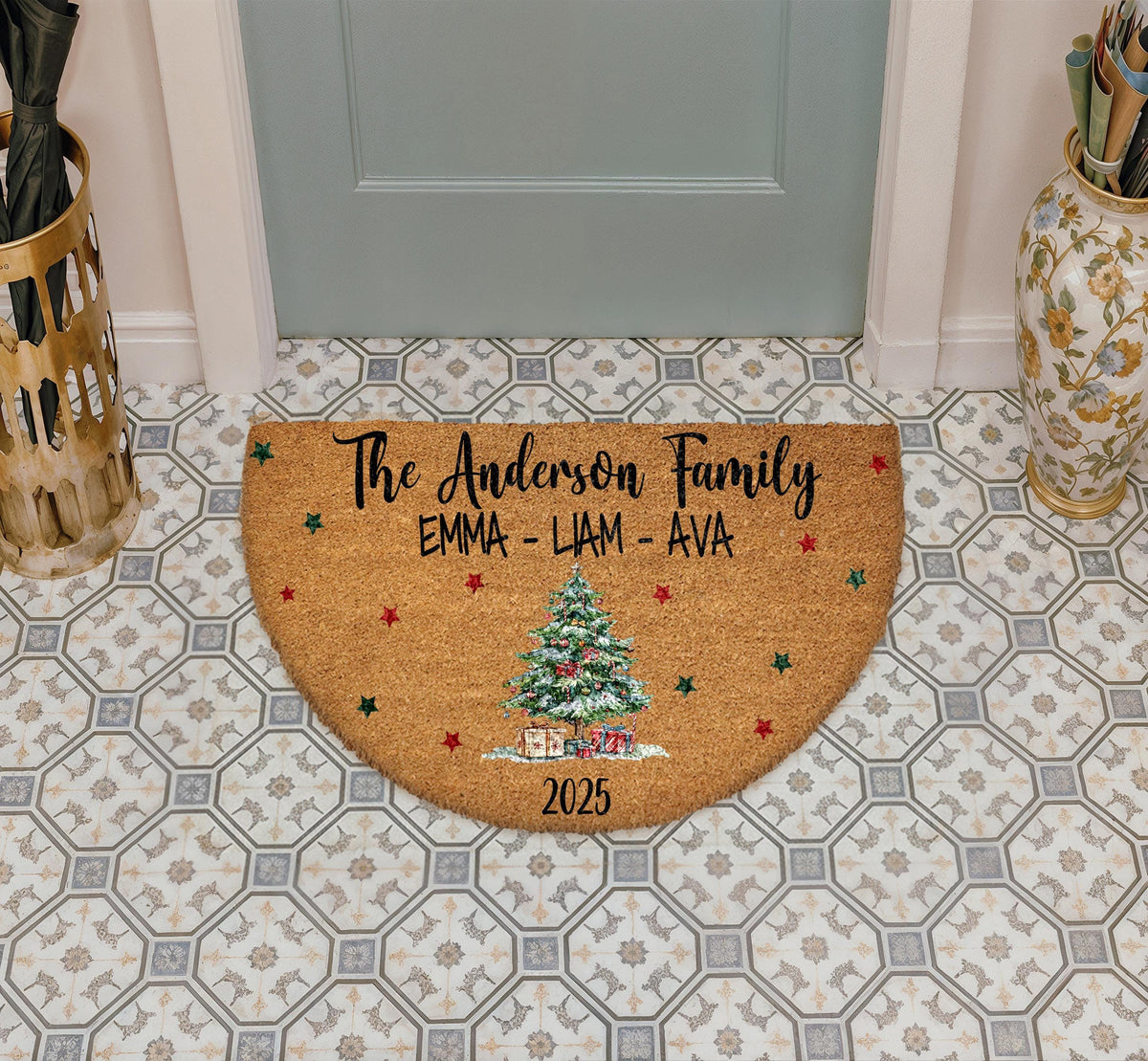 Personalized Family Name Christmas Doormat, Christmas Tree Welcome Mat