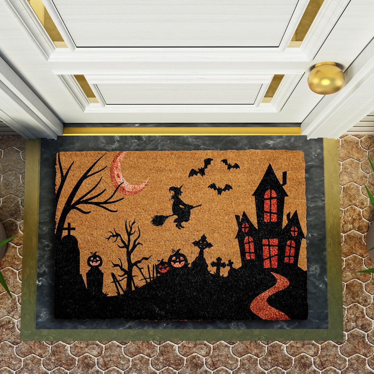 Haunted House Witch Doormat, Halloween Welcome Mat, Spooky Graveyard Home Decor