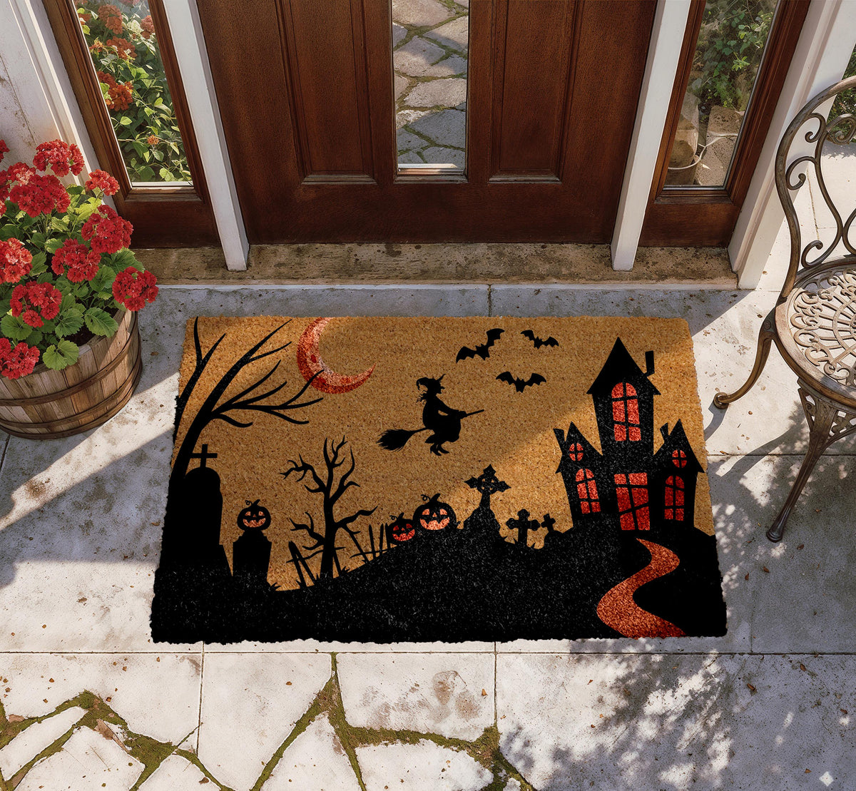 Haunted House Witch Doormat, Halloween Welcome Mat, Spooky Graveyard Home Decor
