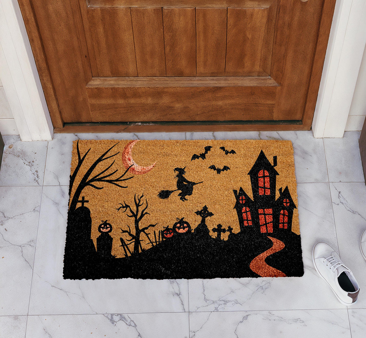 Haunted House Witch Doormat, Halloween Welcome Mat, Spooky Graveyard Home Decor