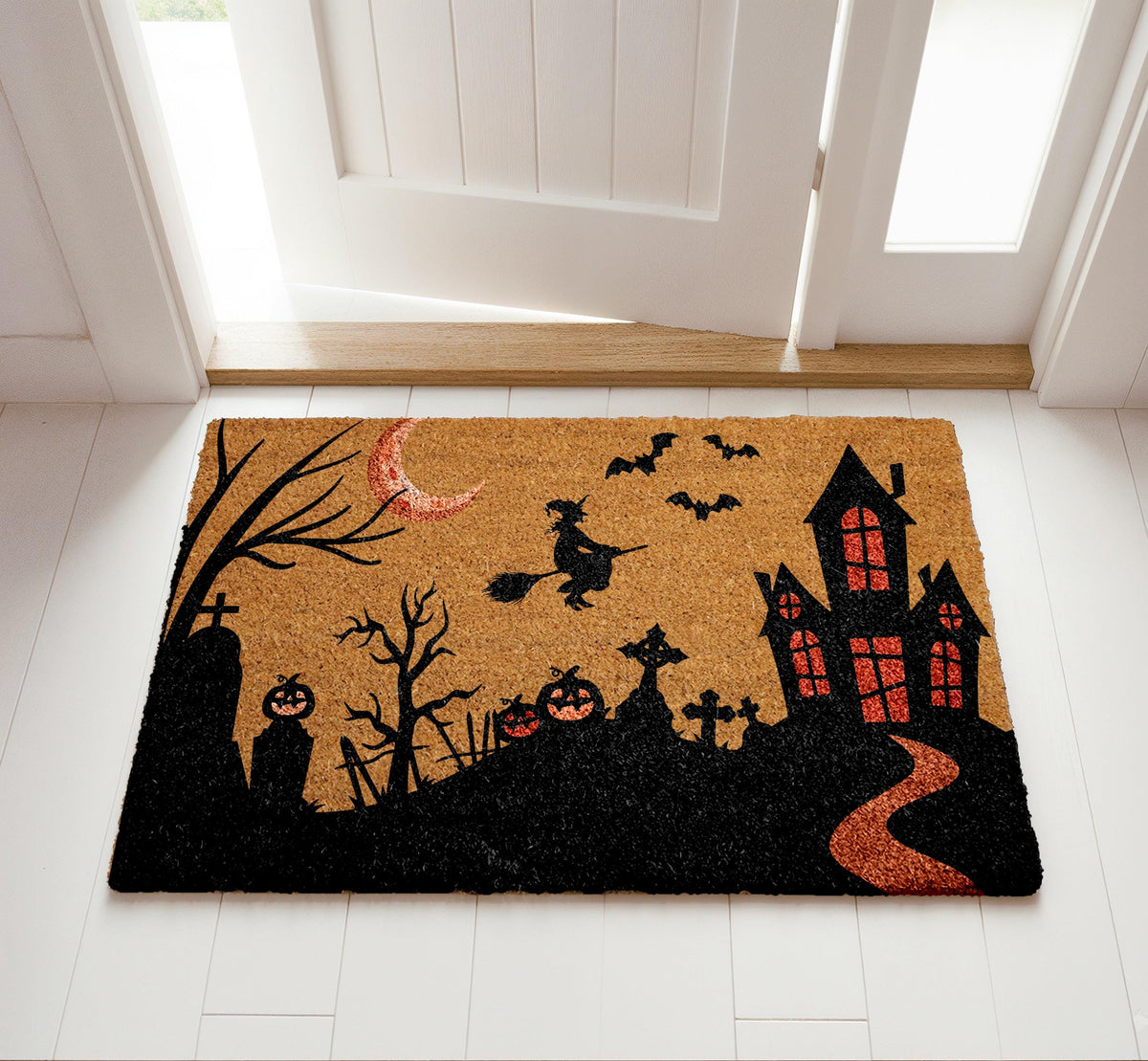 Haunted House Witch Doormat, Halloween Welcome Mat, Spooky Graveyard Home Decor