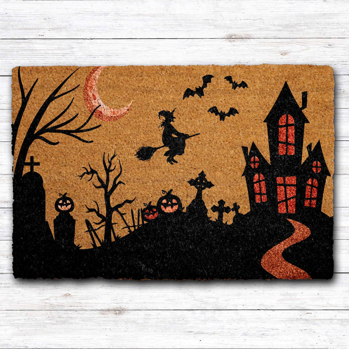 Haunted House Witch Doormat, Halloween Welcome Mat, Spooky Graveyard Home Decor