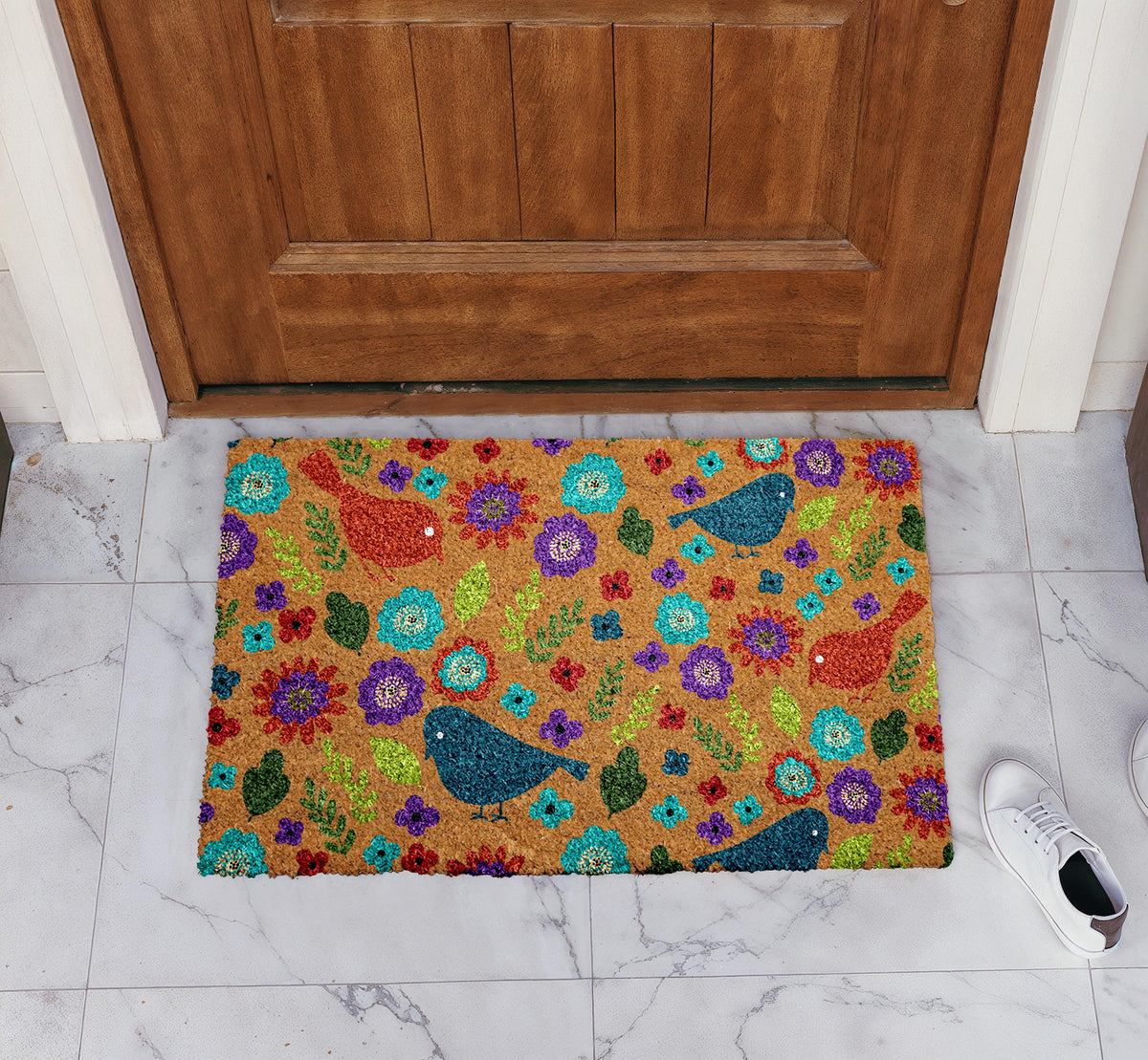 Flowers & Birds Doormat, Garden Theme Porch Decor, Boho Floral Welcome Mat
