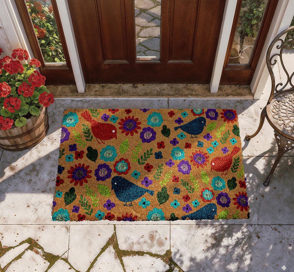 Flowers & Birds Doormat, Garden Theme Porch Decor, Boho Floral Welcome Mat