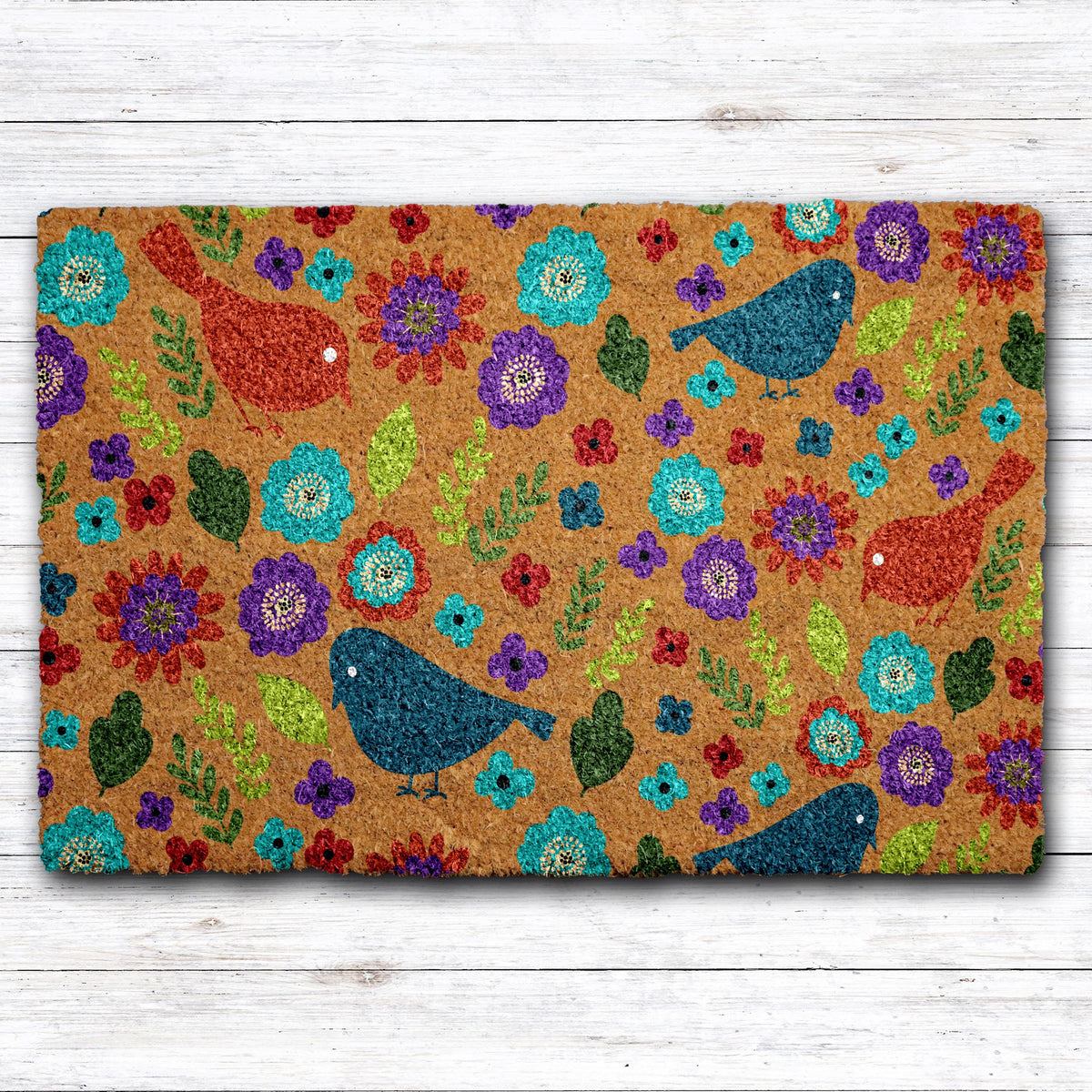 Flowers & Birds Doormat, Garden Theme Porch Decor, Boho Floral Welcome Mat