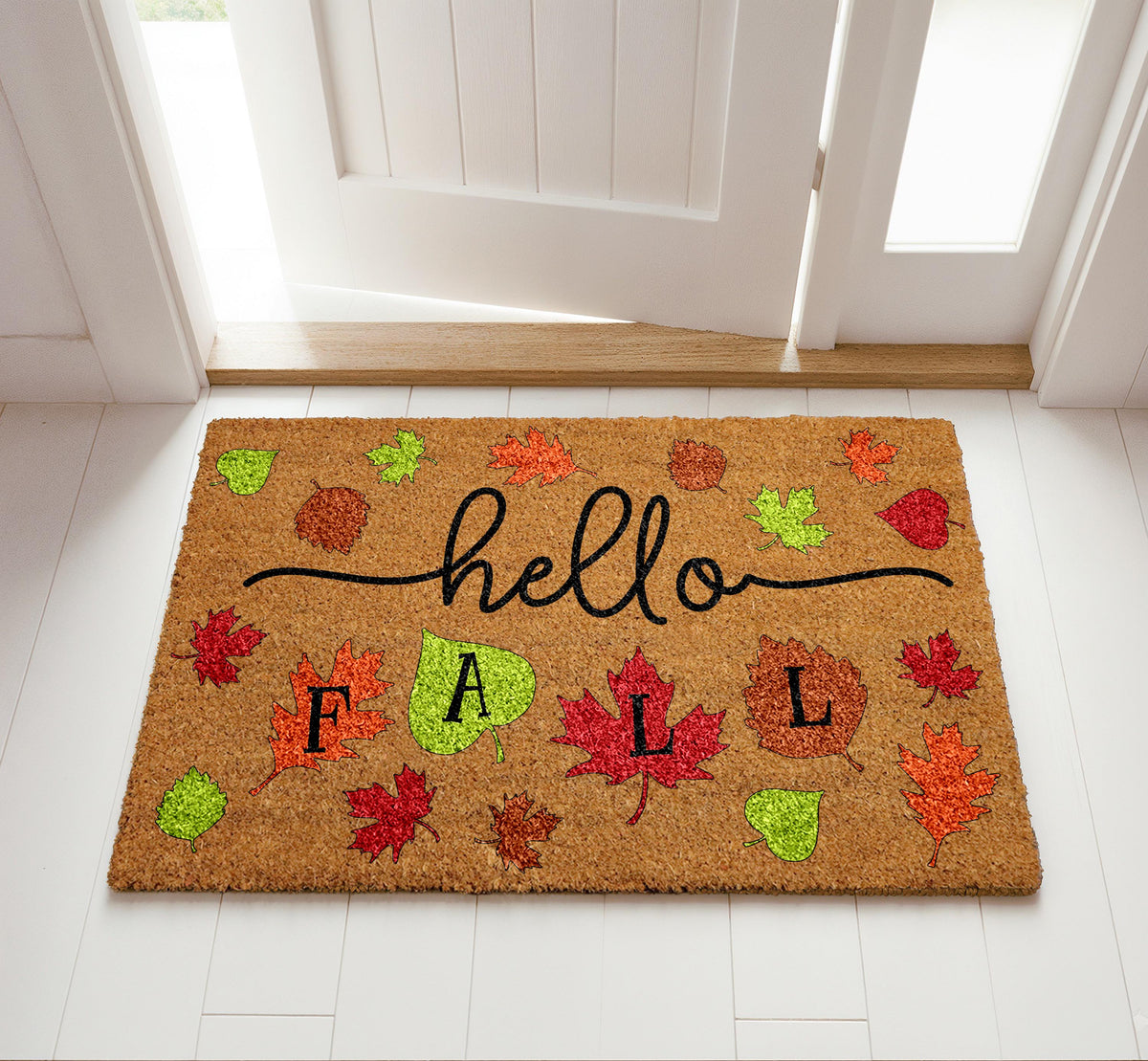 Hello Fall Doormat, Autumn Leaves Welcome Mat, Cute Seasonal Home Decor