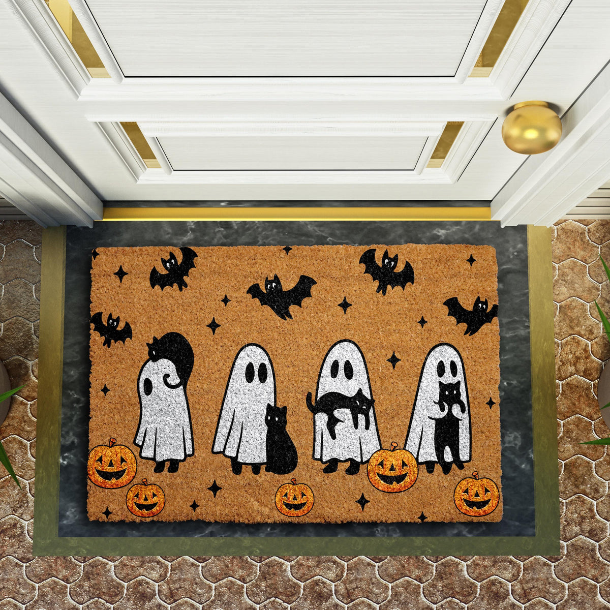 Cats & Bats Halloween Door Mat, Spooky Cats Doormat, Cute Ghosts Fall Decor