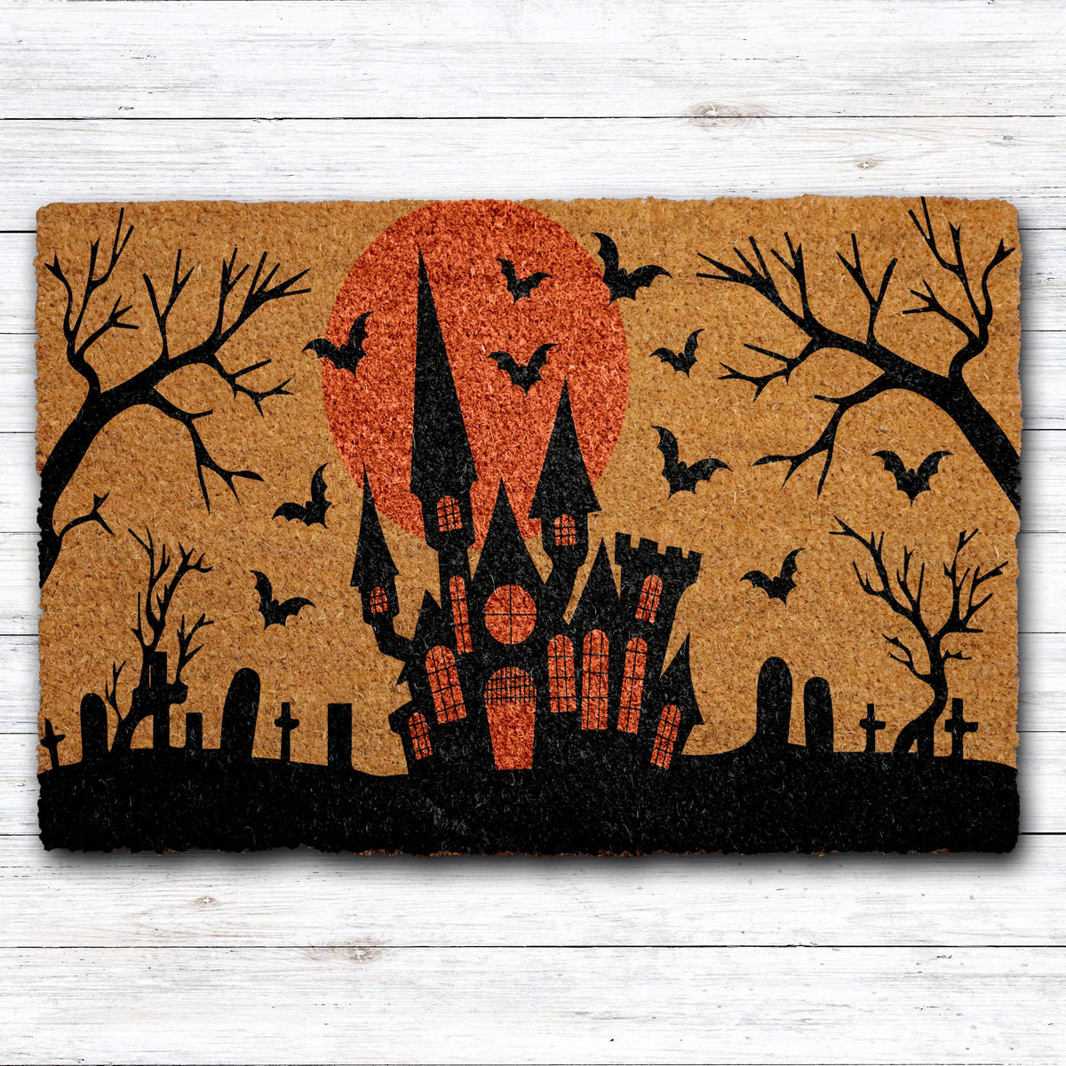 Haunted House Doormat, Bats & Graveyard Welcome Mat, Halloween Home Decor