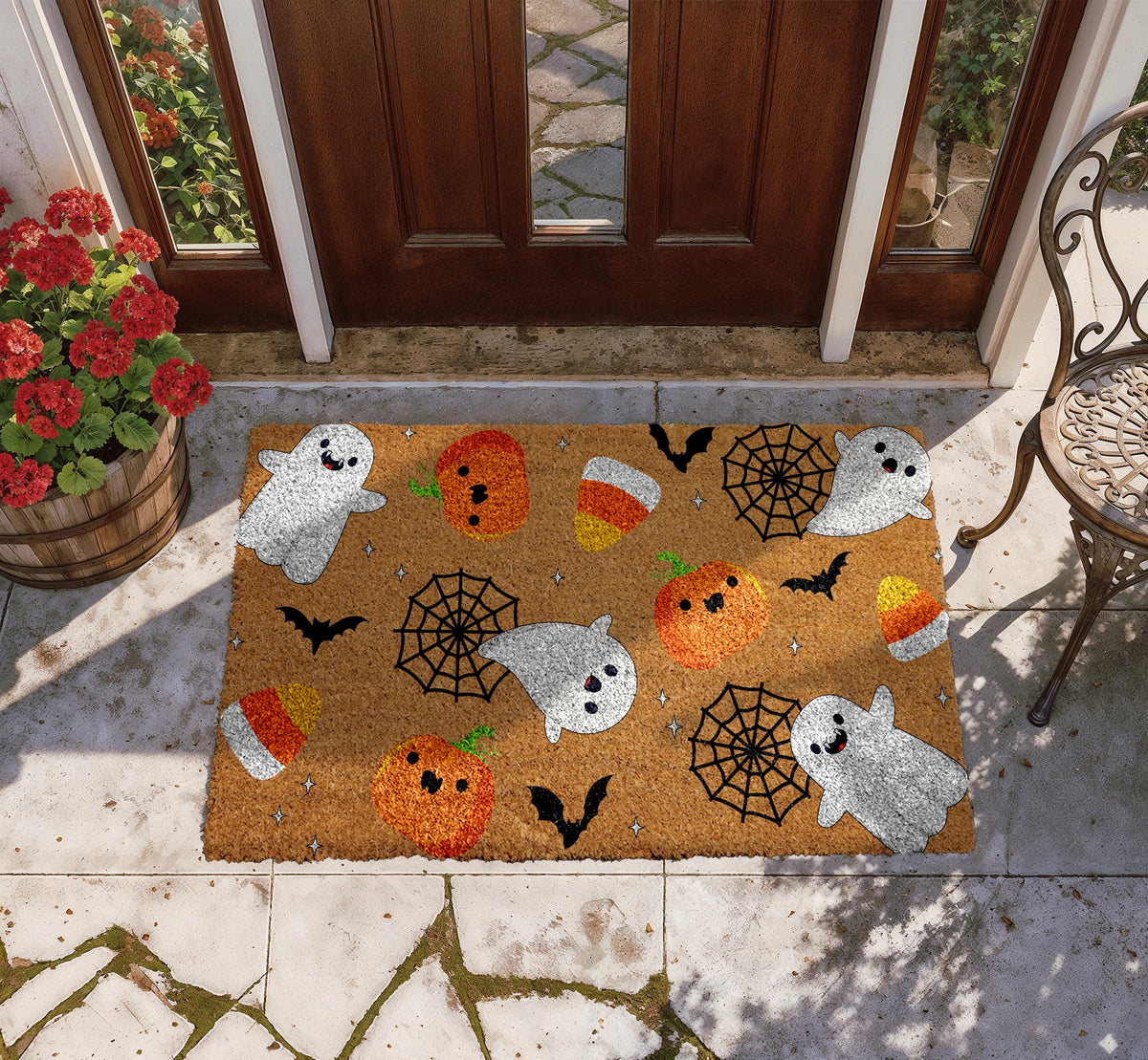 Funny Ghost & Pumpkin Pattern Welcome Mat, Happy Halloween Doormat, Spooky Season Entrance Rug