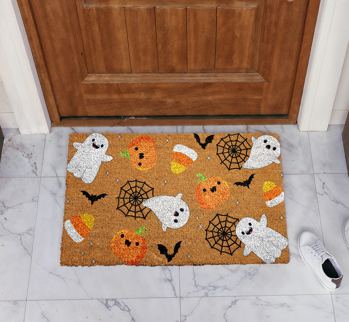 Funny Ghost & Pumpkin Pattern Welcome Mat, Happy Halloween Doormat, Spooky Season Entrance Rug