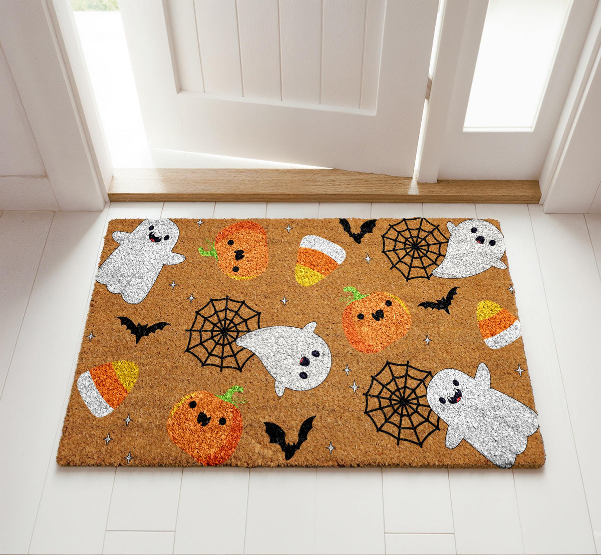 Funny Ghost & Pumpkin Pattern Welcome Mat, Happy Halloween Doormat, Spooky Season Entrance Rug