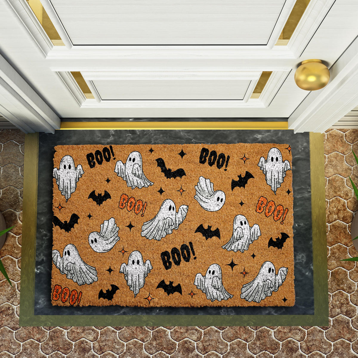 Ghost and Bat Pattern Doormat, Cute Halloween Welcome Mat, Spooky Season Home Entrance Rug