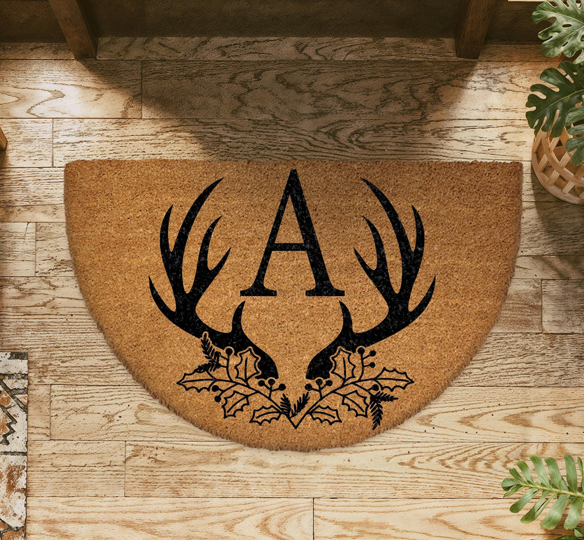 Custom Antler Monogram Doormat, Personalized Family Name Initial Welcome Mat