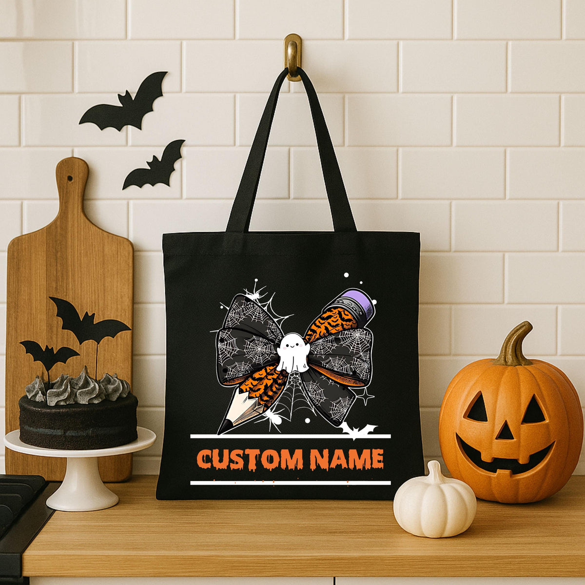 Custom Halloween Teacher Tote Bag, Personalized Teacher Spooky Ghost Bag, Cute Teacher Tote Bag, Fall Teacher Bag, Canvas Bag for Teacher