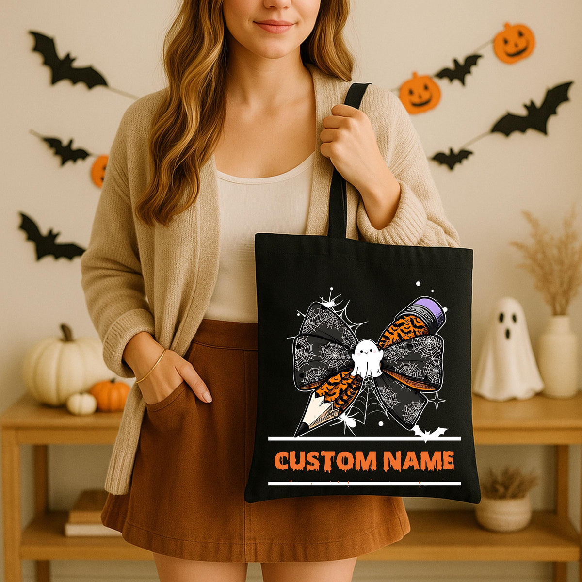 Custom Halloween Teacher Tote Bag, Personalized Teacher Spooky Ghost Bag, Cute Teacher Tote Bag, Fall Teacher Bag, Canvas Bag for Teacher