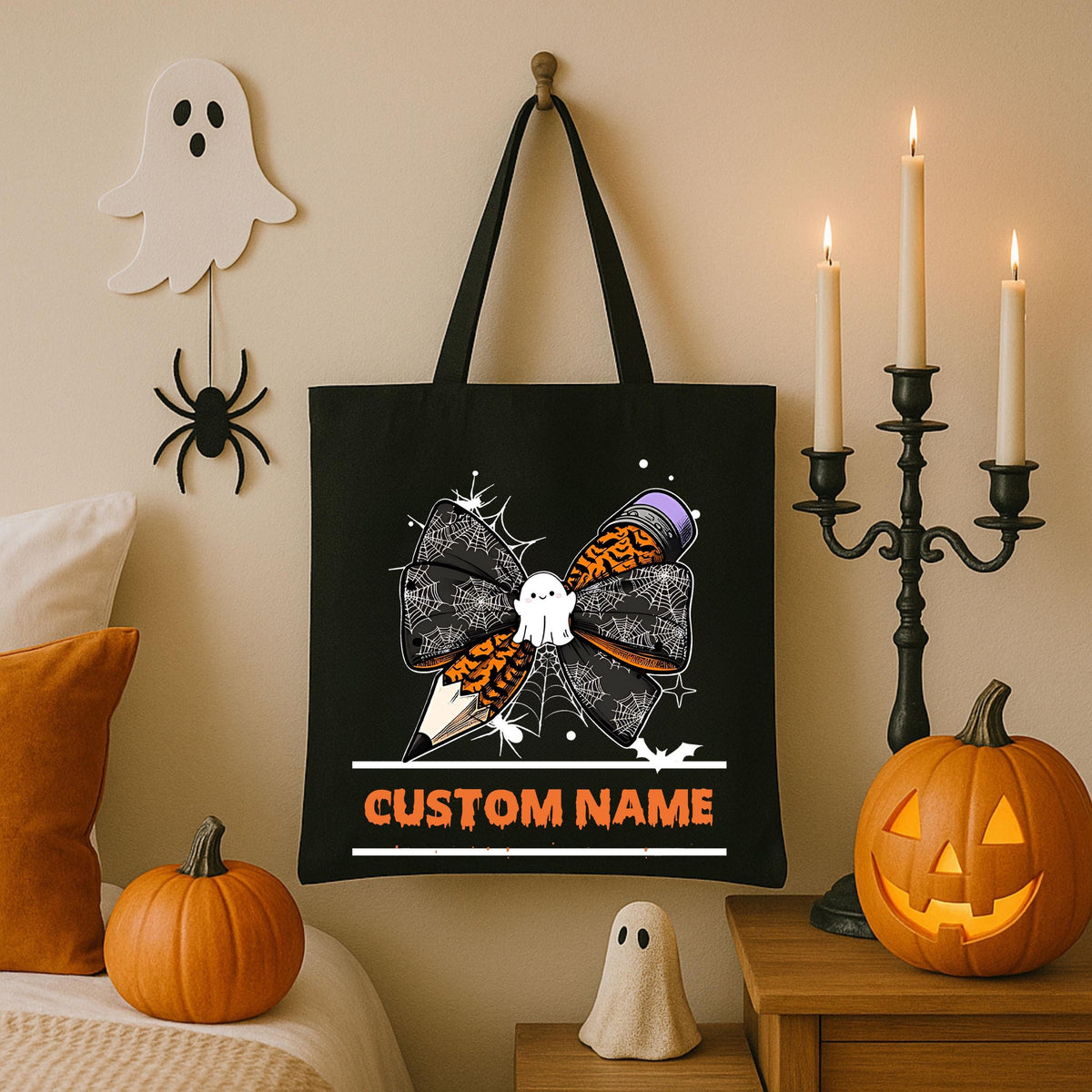 Custom Halloween Teacher Tote Bag, Personalized Teacher Spooky Ghost Bag, Cute Teacher Tote Bag, Fall Teacher Bag, Canvas Bag for Teacher