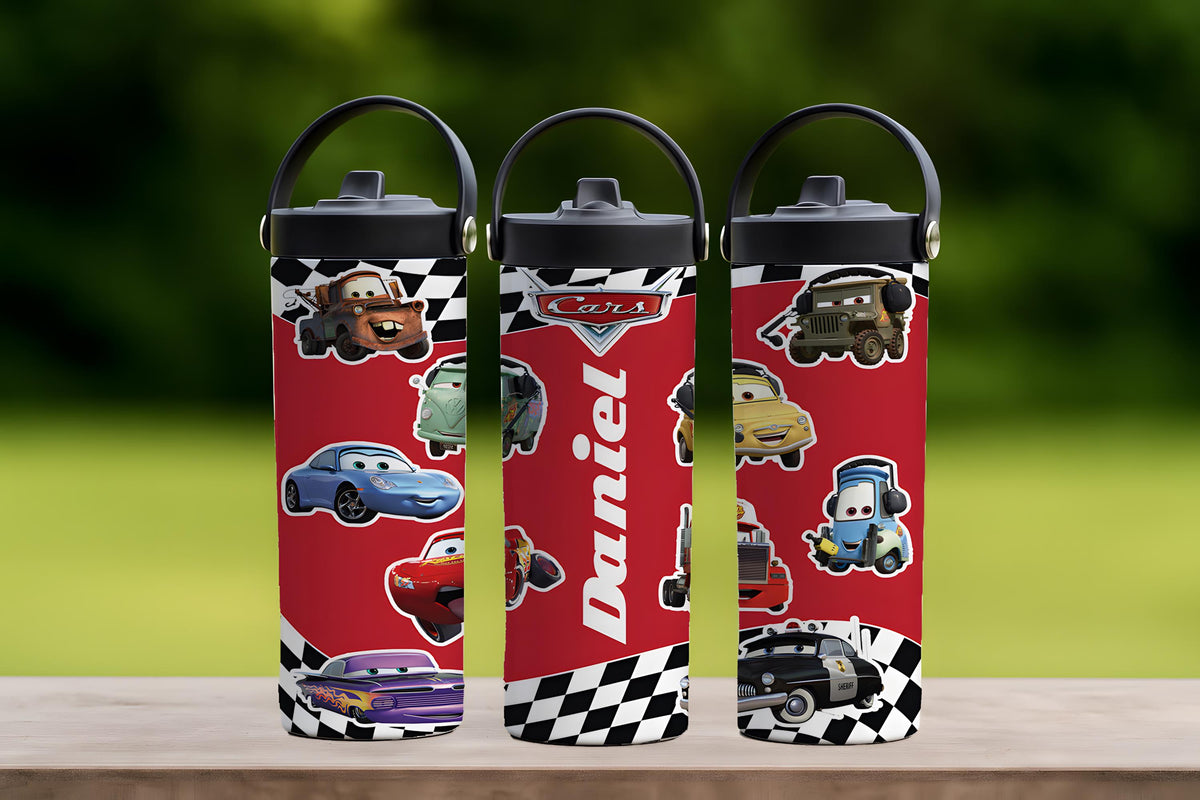 Customizable Car Cartoon Tumbler With Foldable Straw, Racing Checkered School Water Bottle