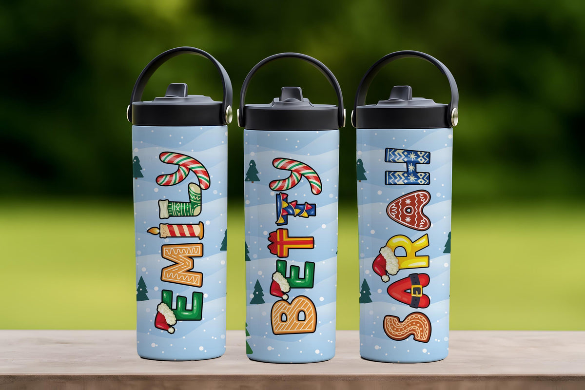 Custom Name Christmas Pattern Letters Kids Flask, Xmas Holiday Gift For School Tumbler